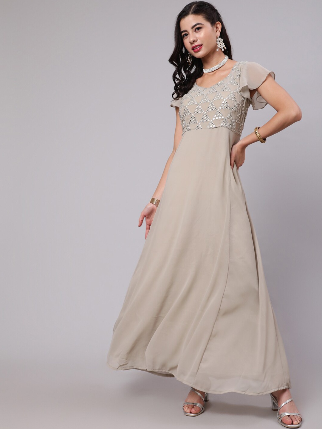 

AKS Couture Mirror Work Embellished Georgette Maxi Dress, Beige
