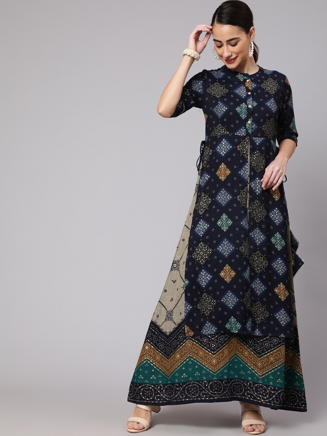 

AKS Couture Ethnic Motifs Printed Layered Maxi Dress, Navy blue