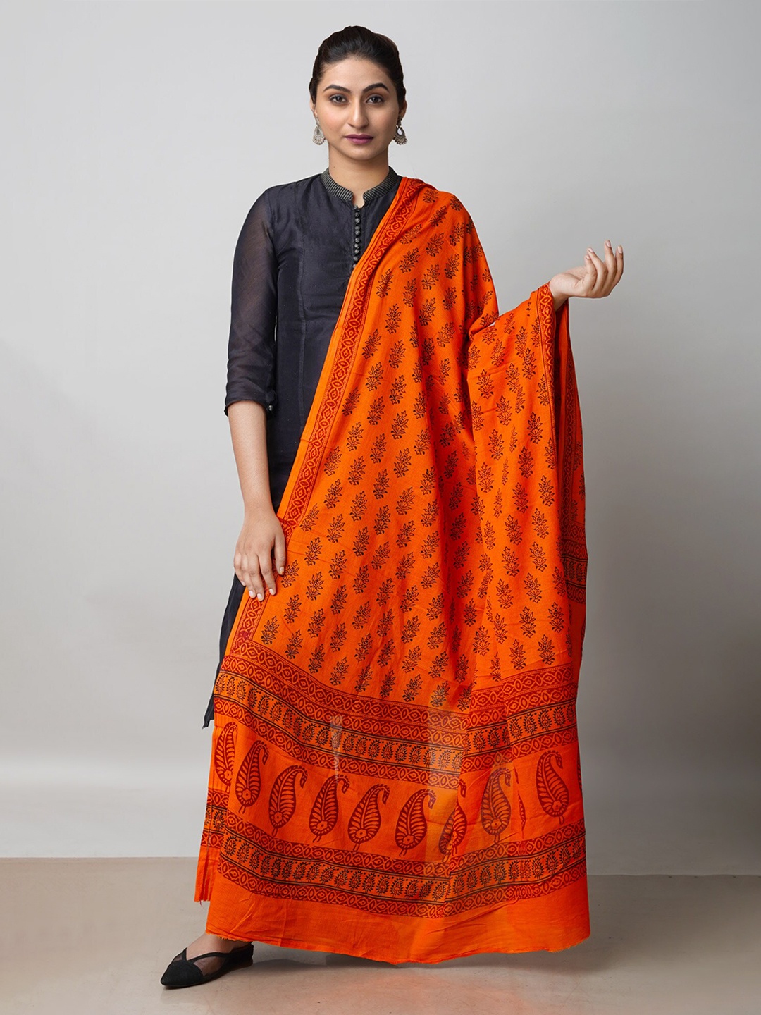 

Unnati Silks Ethnic Motifs Printed Pure Cotton Dupatta, Orange