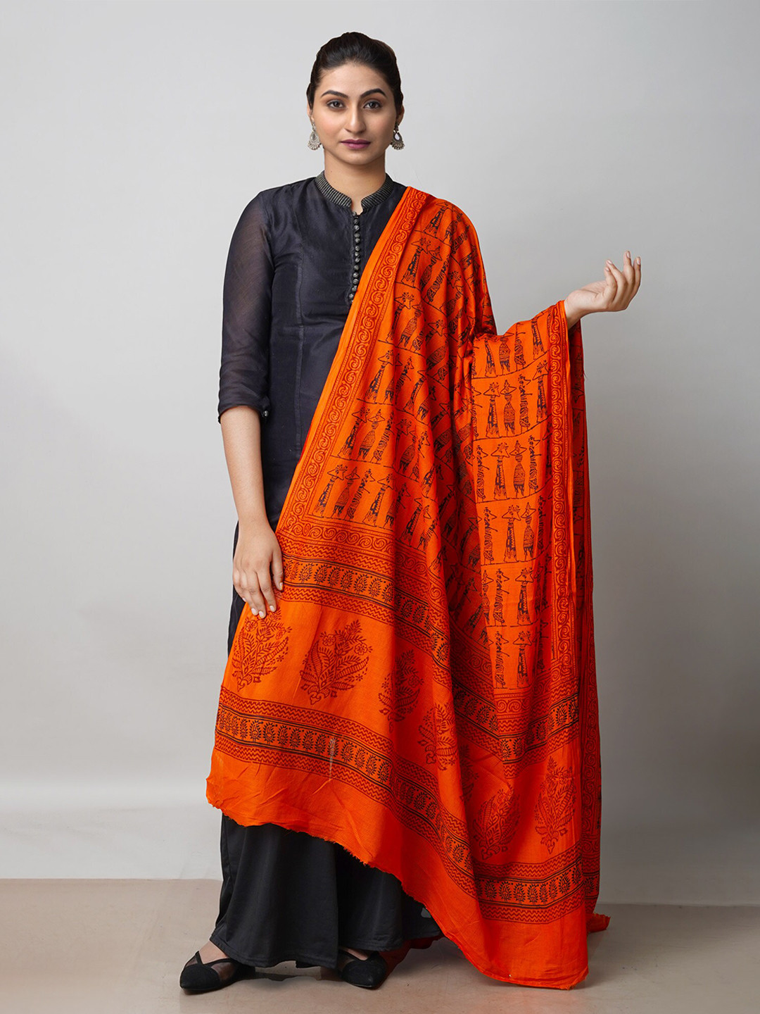 

Unnati Silks Ethnic Motifs Printed Pure Cotton Dupatta, Orange