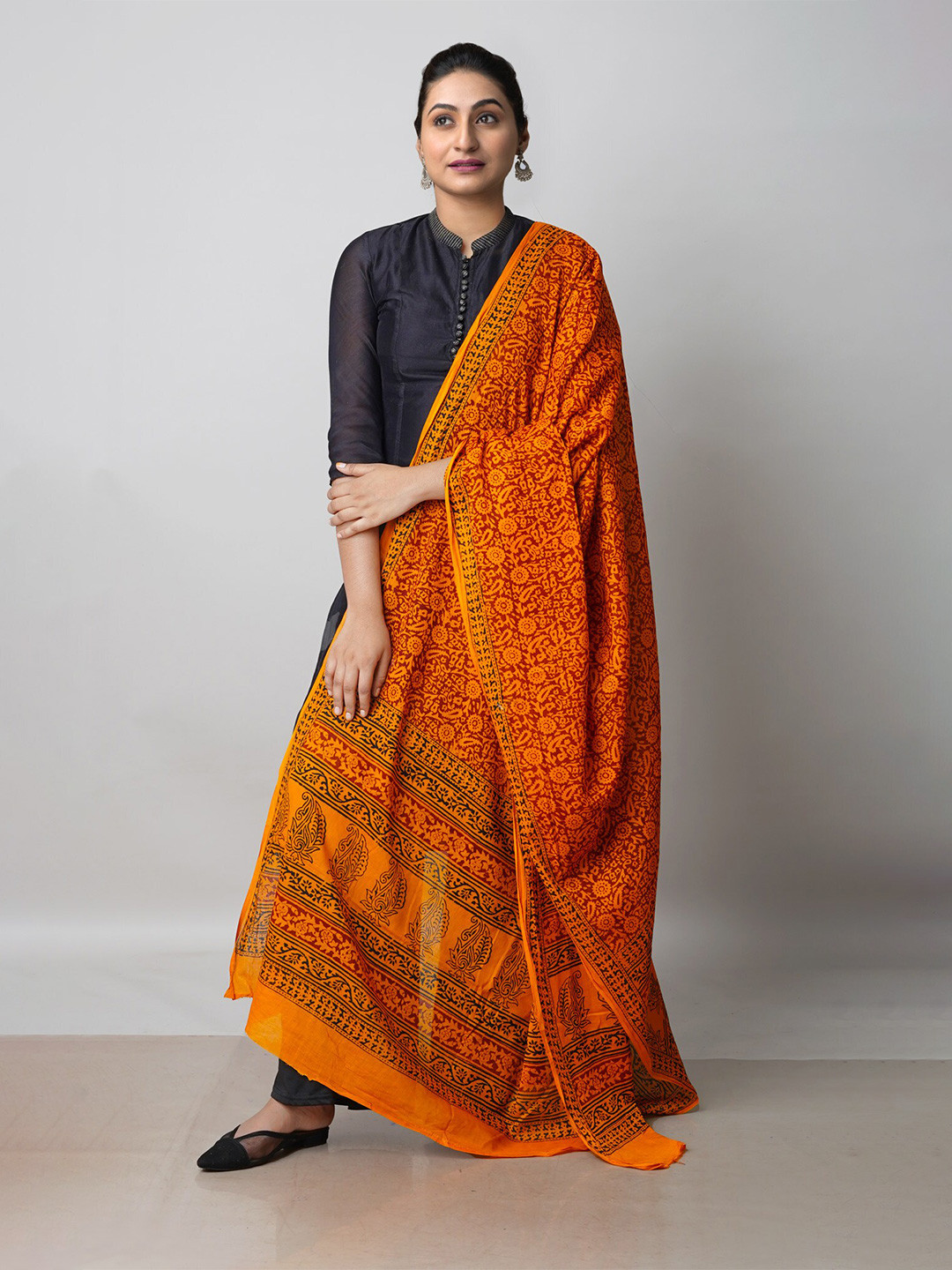 

Unnati Silks Ethnic Motifs Printed Pure Cotton Dupatta, Orange