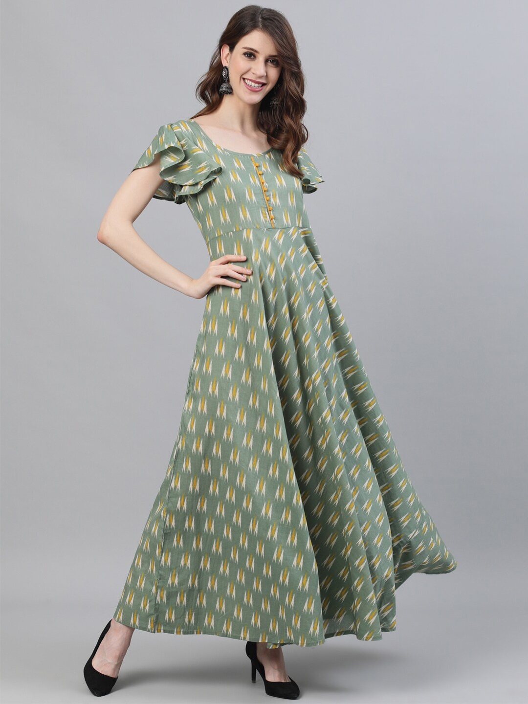 

AKS Ikat Printed Flared Sleeves Cotton Maxi Ethnic Dress, Green