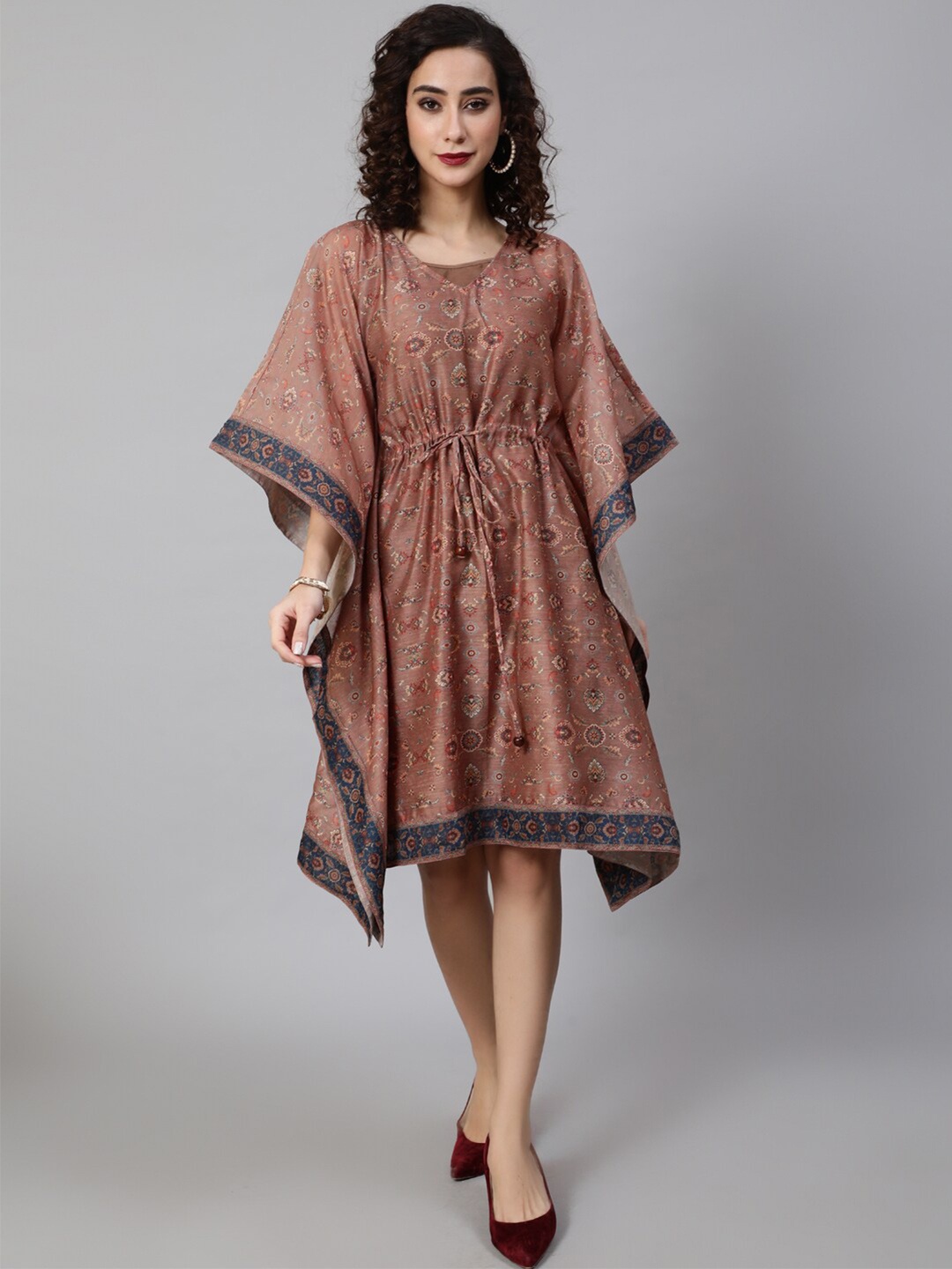 

AKS Ethnic Motifs Printed Kimono Sleeves Kaftan Dress, Brown