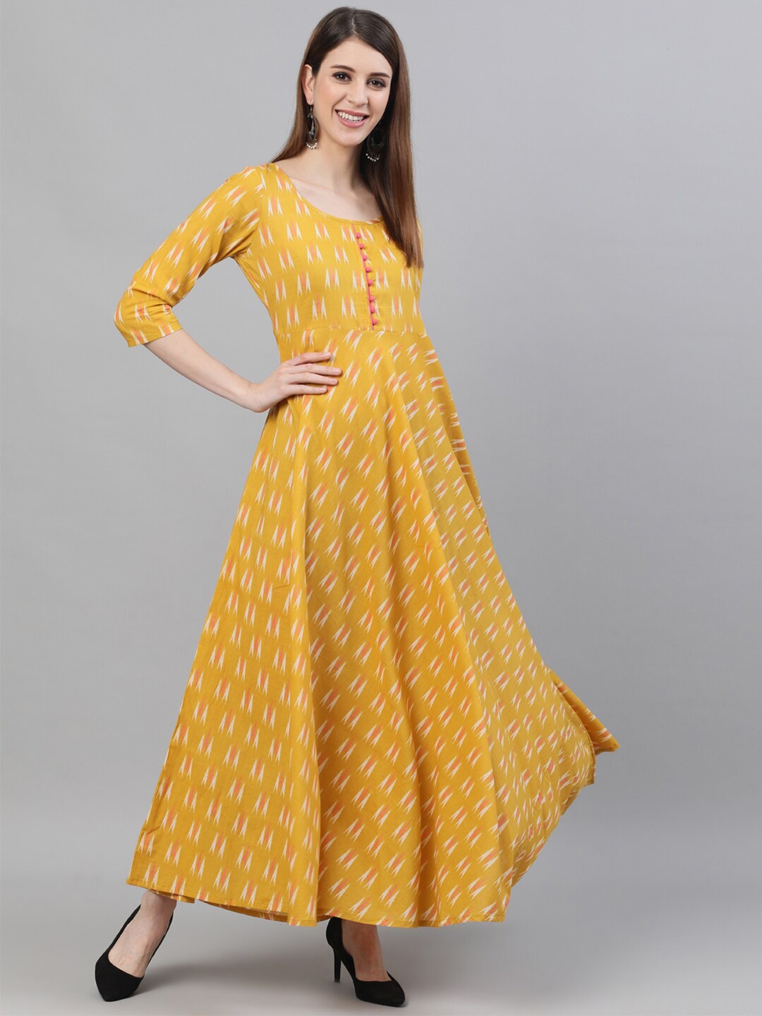 

AKS Ikat Printed Cotton Maxi Ethnic Dress, Yellow