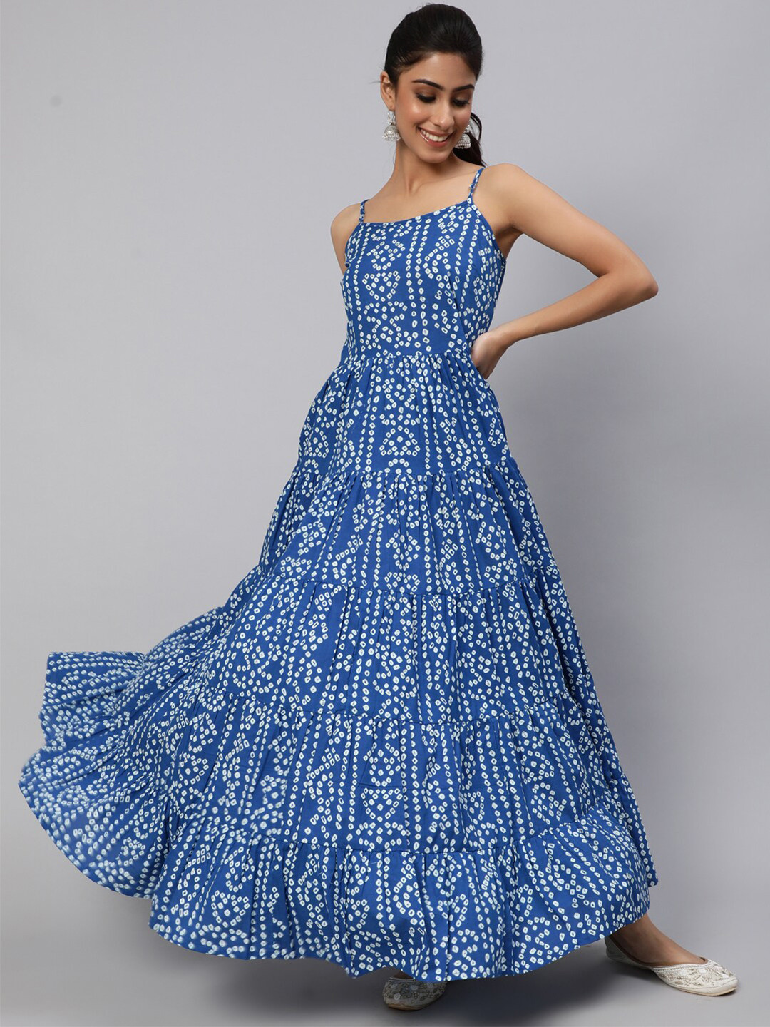 

AKS Bandhani Printed Shoulder-Straps Cotton Maxi Ethnic Dress, Blue