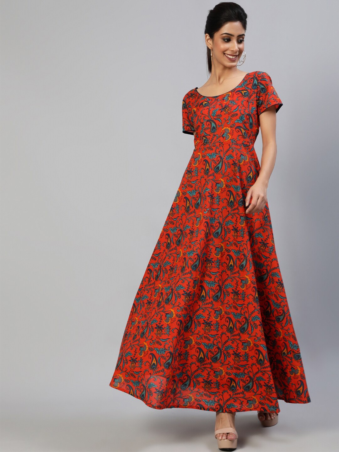 

AKS Floral Printed Cotton Maxi Ethnic Dress, Red