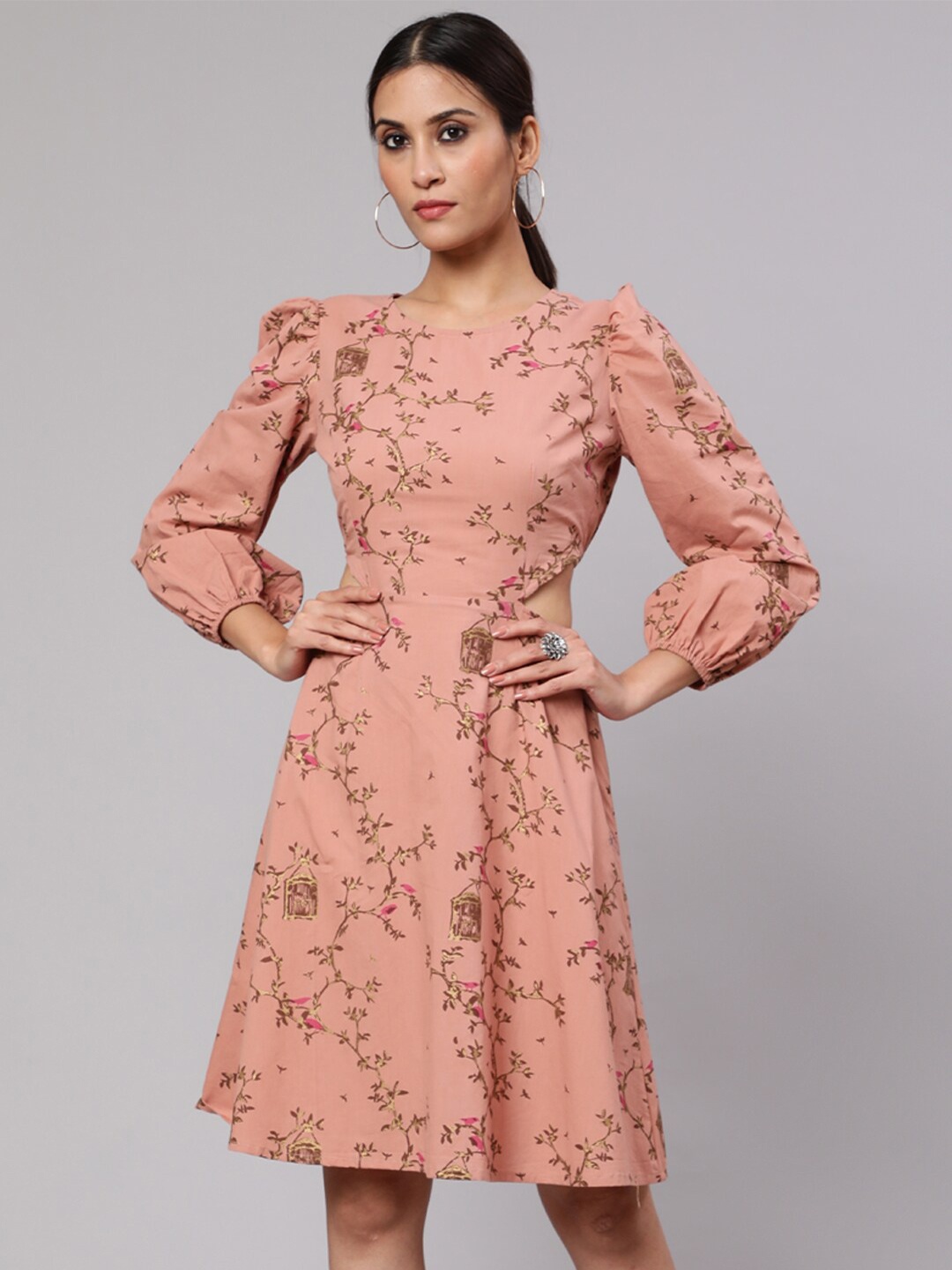 

AKS Floral Printed Puff Sleeves Cotton Fit & Flare Dress, Peach