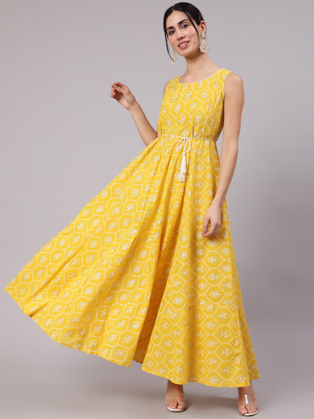 

AKS Ethnic Motifs Printed Sleeveless Cotton Maxi Ethnic Dress, Yellow