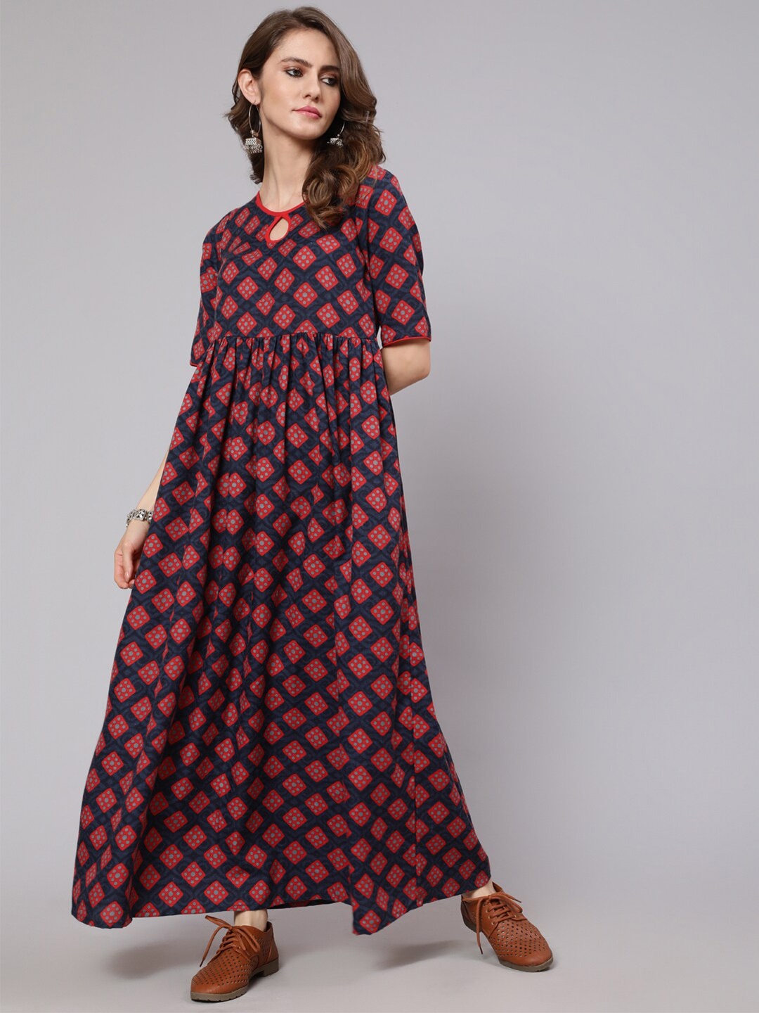 

AKS Geometric Printed Keyhole Neck Cotton Maxi Dress, Maroon