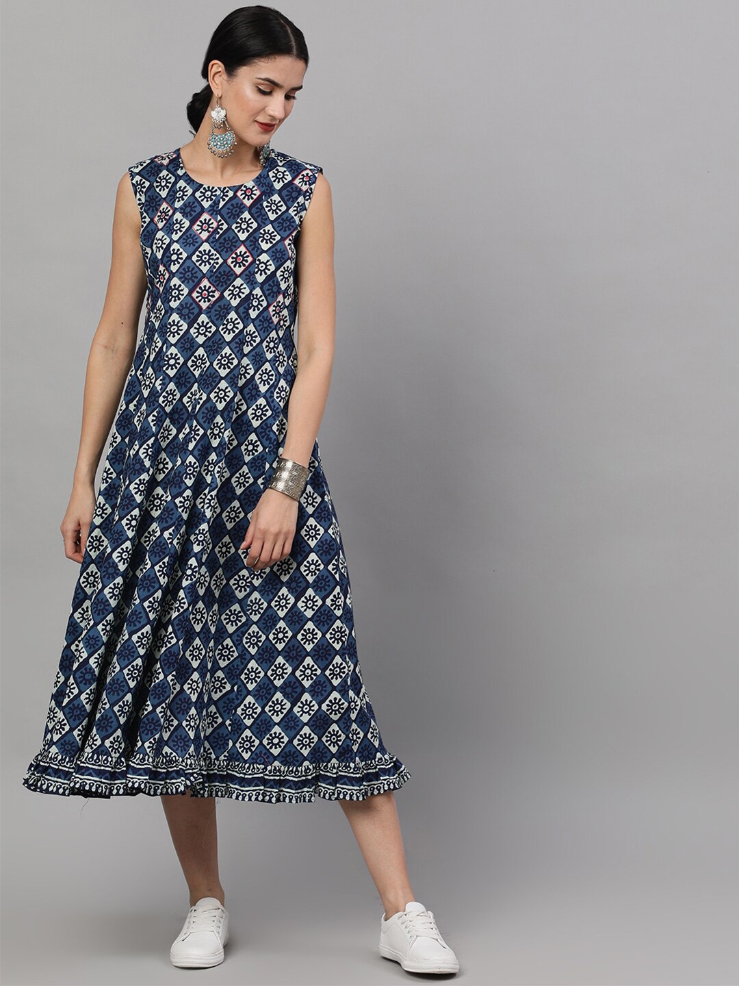 

AKS Ethnic Motifs Printed A-Line Cotton Midi Dress, Blue