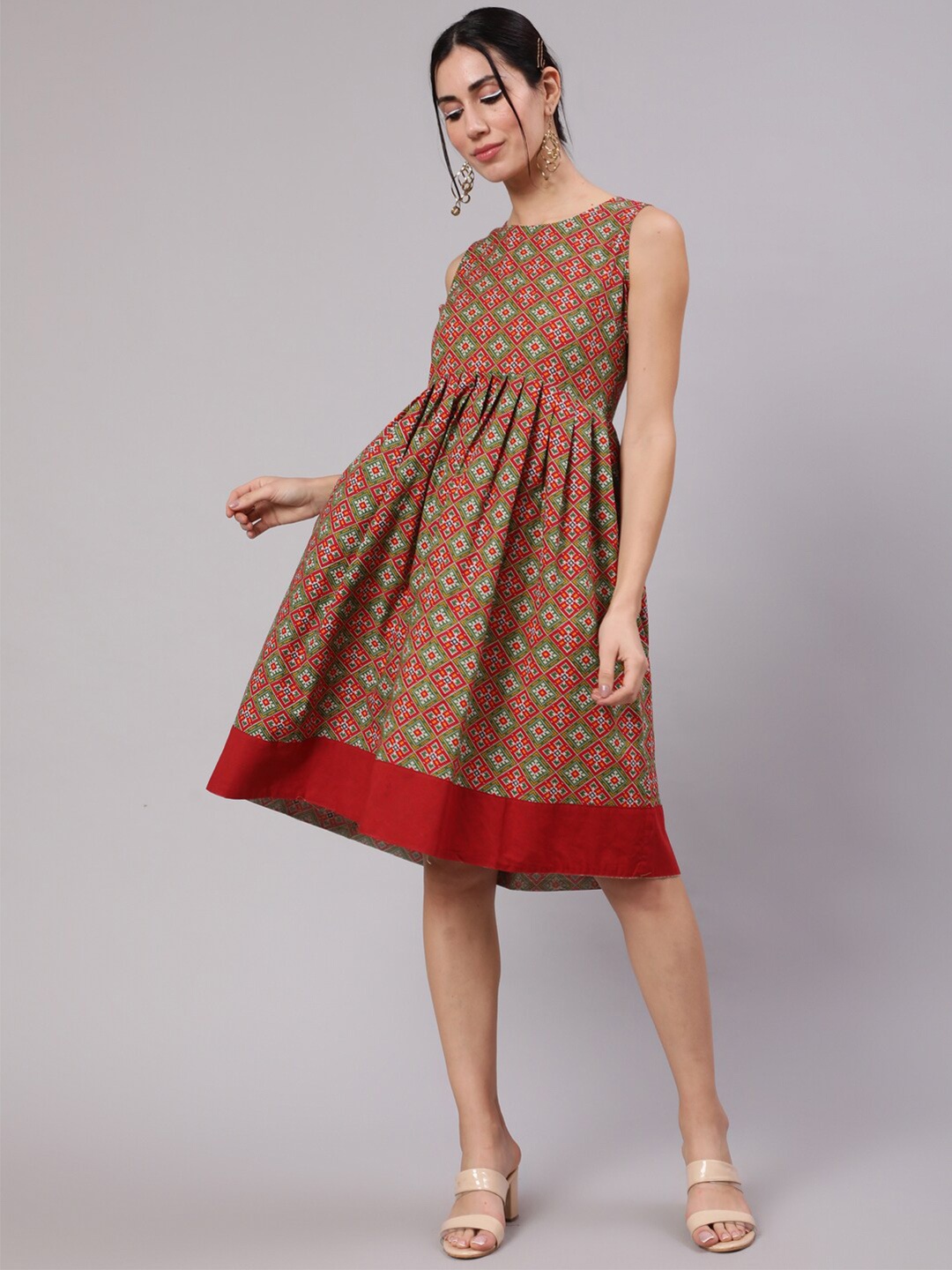 

AKS Ethnic Motifs Printed Cotton Fit & Flare Dress, Red