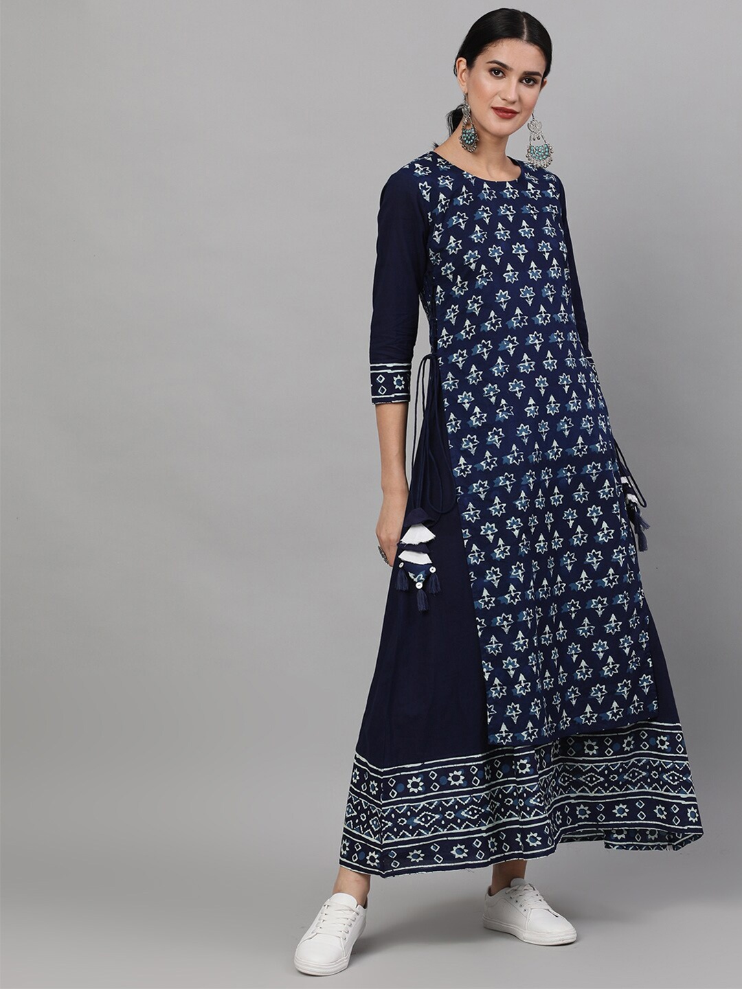 

AKS Ethnic Motifs Printed Layered Cotton Ethnic Maxi Dress, Blue