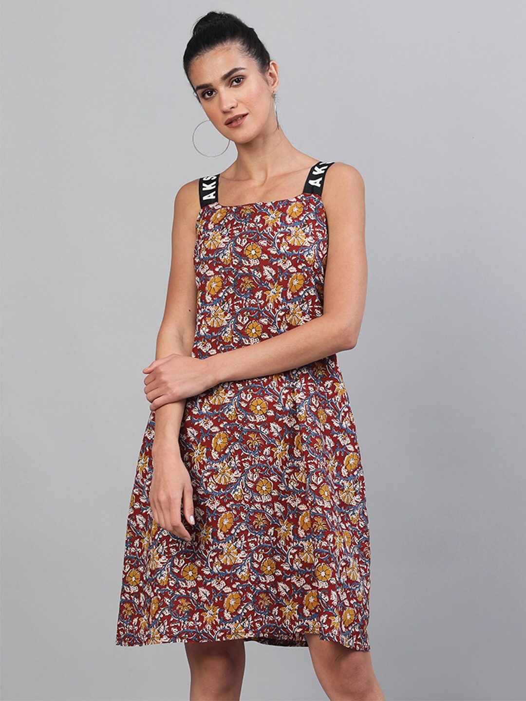 

AKS Floral Printed Shoulder Straps Cotton A-Line Dress, Maroon