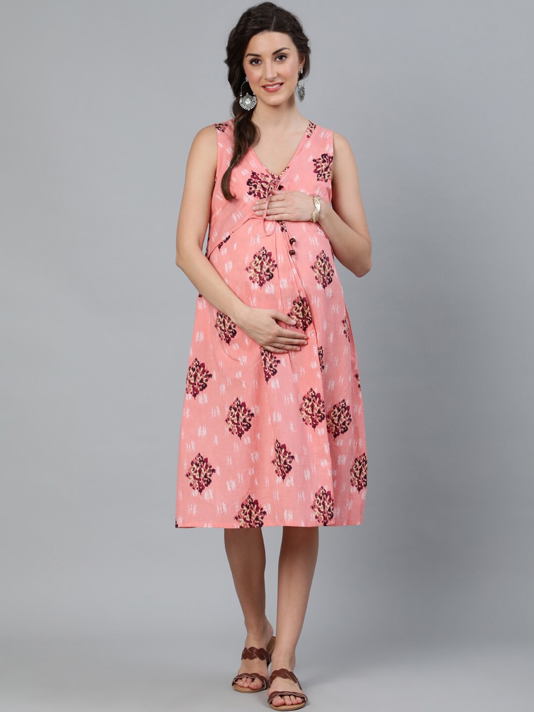 

AKS Floral Printed Maternity A-Line Cotton Midi Dress, Peach