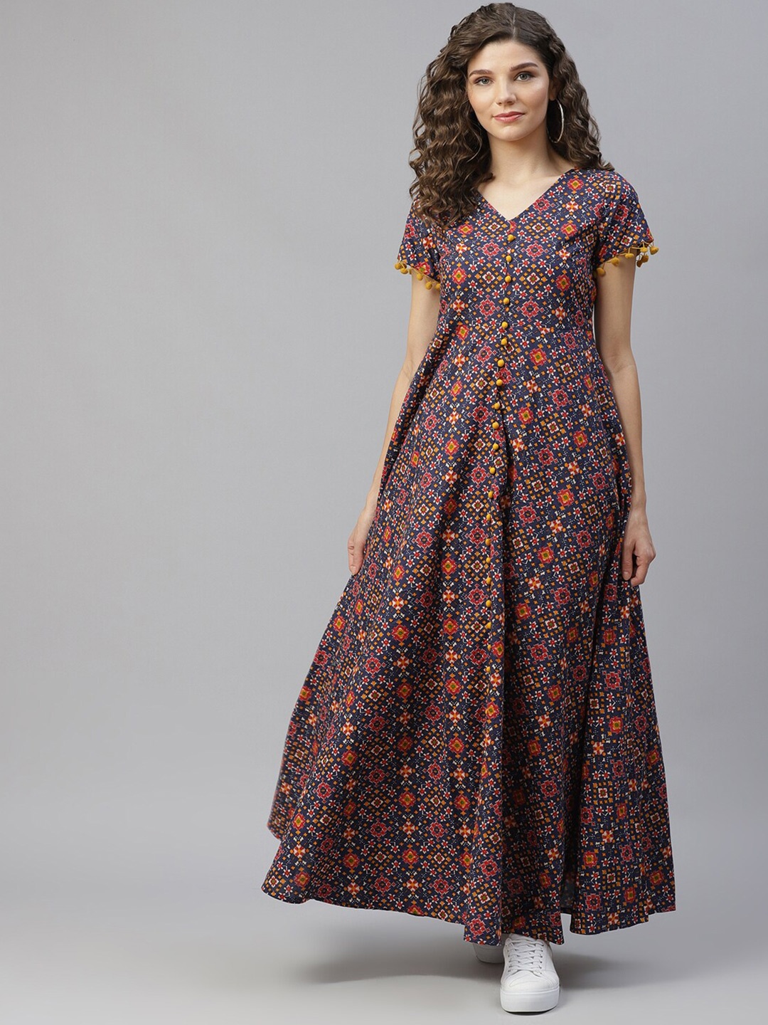 

AKS Ethnic Motifs Printed V-Neck A-Line Cotton Maxi Dress, Blue