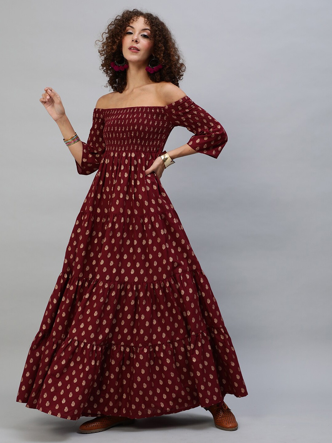 

AKS Ethnic Motifs Printed Off-Shoulder Tiered Cotton Maxi Dress, Maroon