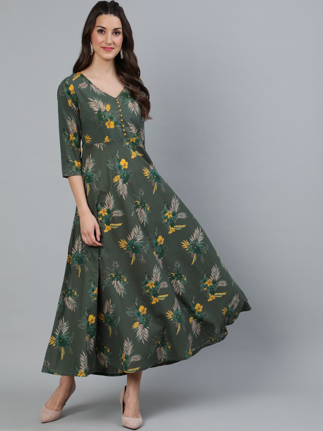 

AKS Green Floral Printed Cotton Maxi Dress