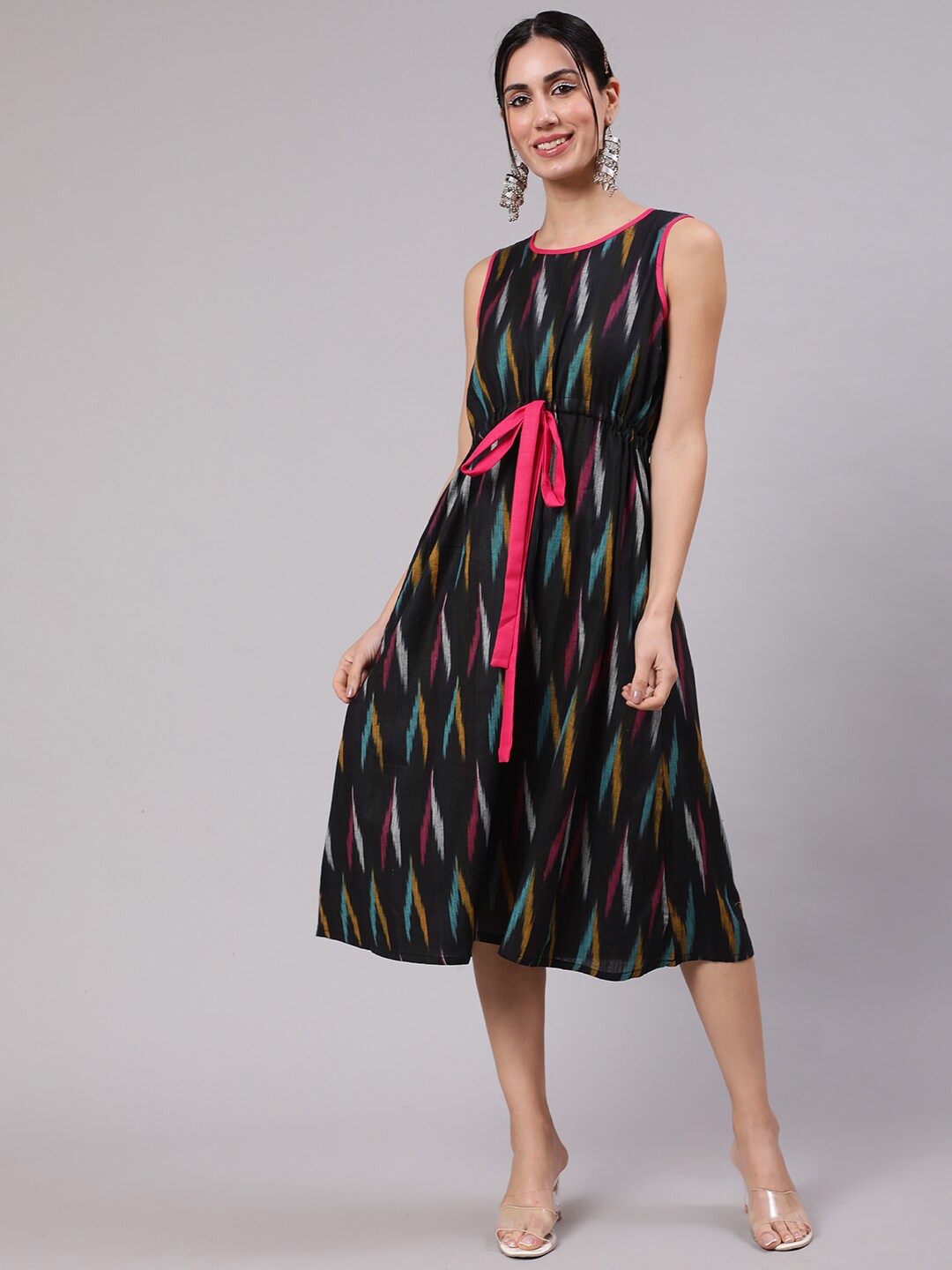 

AKS Ikat Printed A-Line Cotton Midi Dress, Black