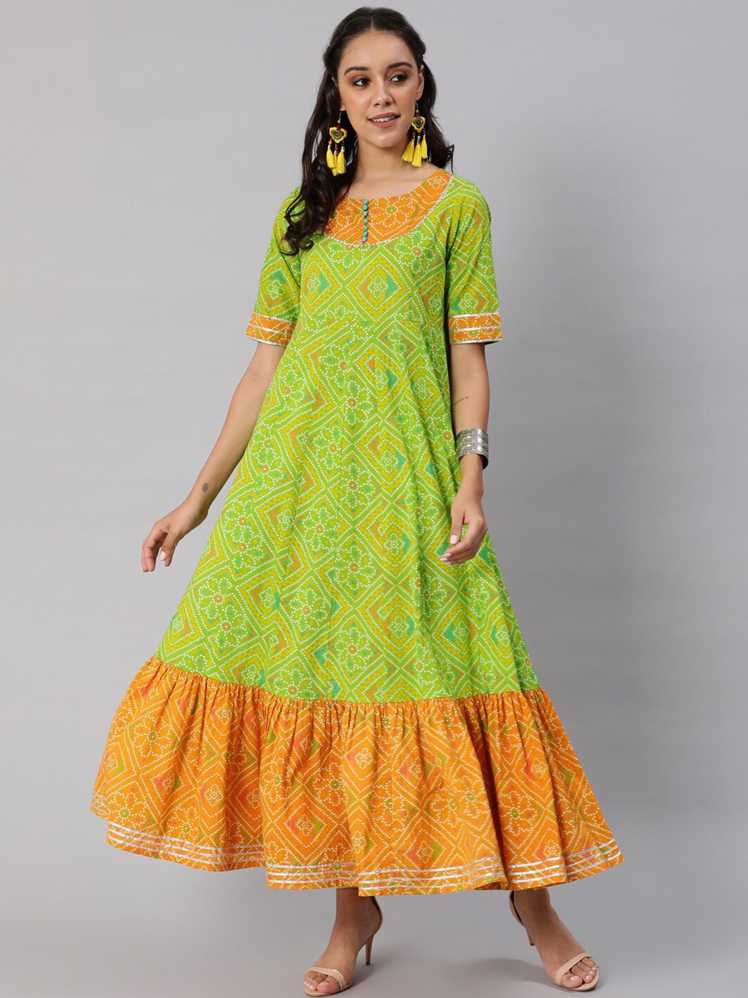 

AKS Ethnic Motifs Printed Cotton Ethnic Maxi Dress, Green