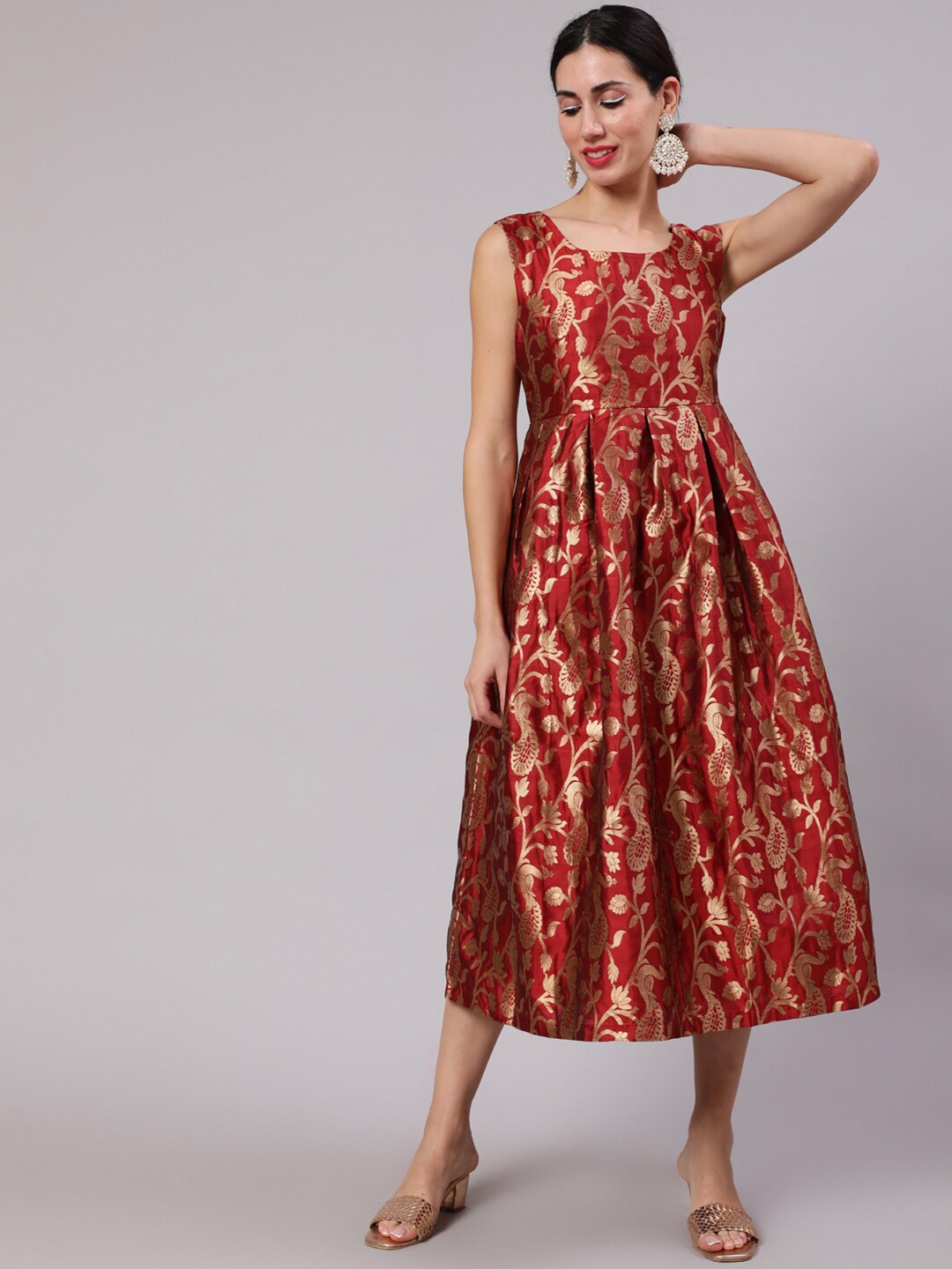 

AKS Ethnic Motifs Woven Design Jacquard A-Line Midi Ethnic Dress, Maroon