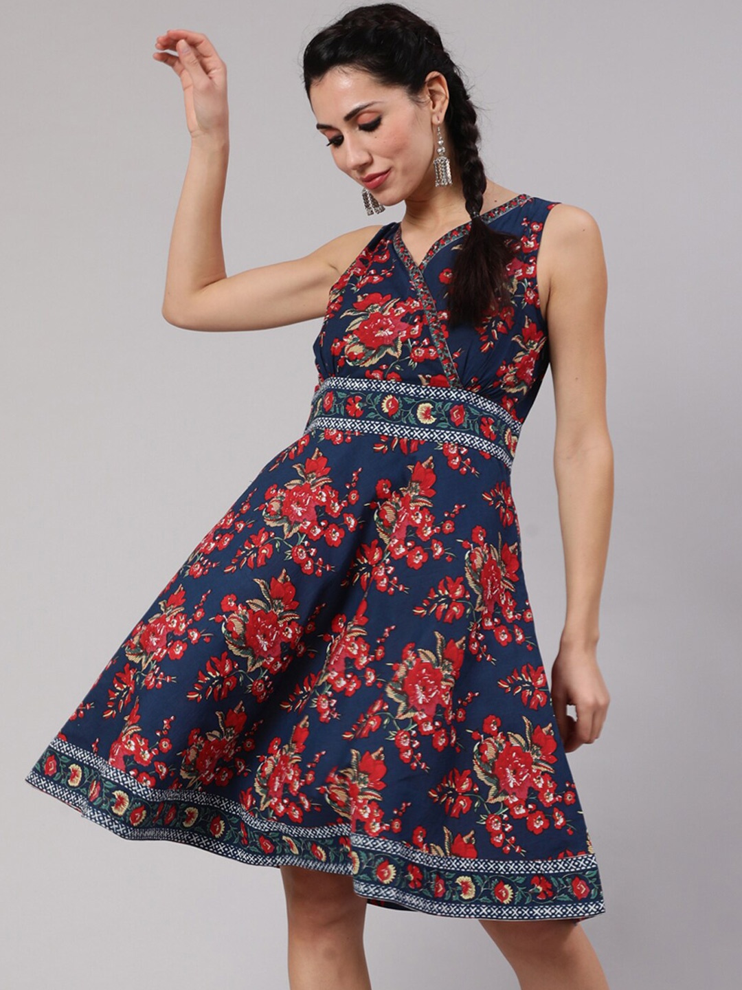 

AKS Floral Printed Sleeveless Cotton Fit & Flare Dress, Navy blue