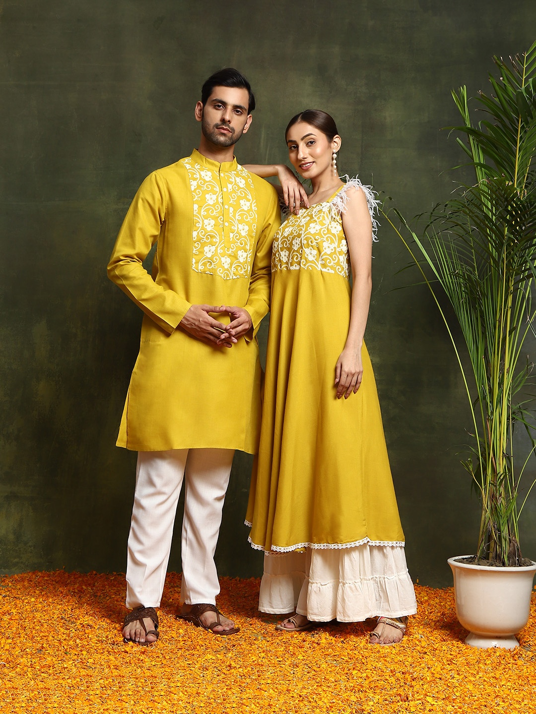 

AKS Couture Floral Yoke Design Thread Work A-Line Kurta, Yellow