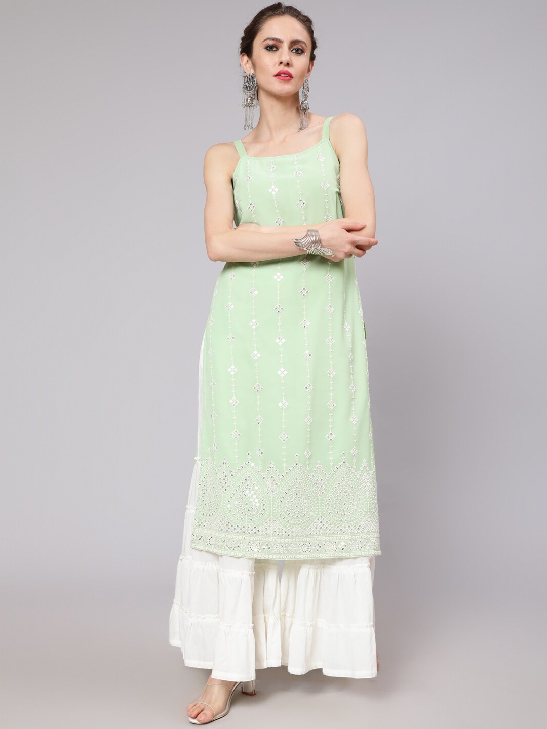 

AKS Couture Ethnic Motifs Mirror Work Embroidered Georgette Kurta, Sea green