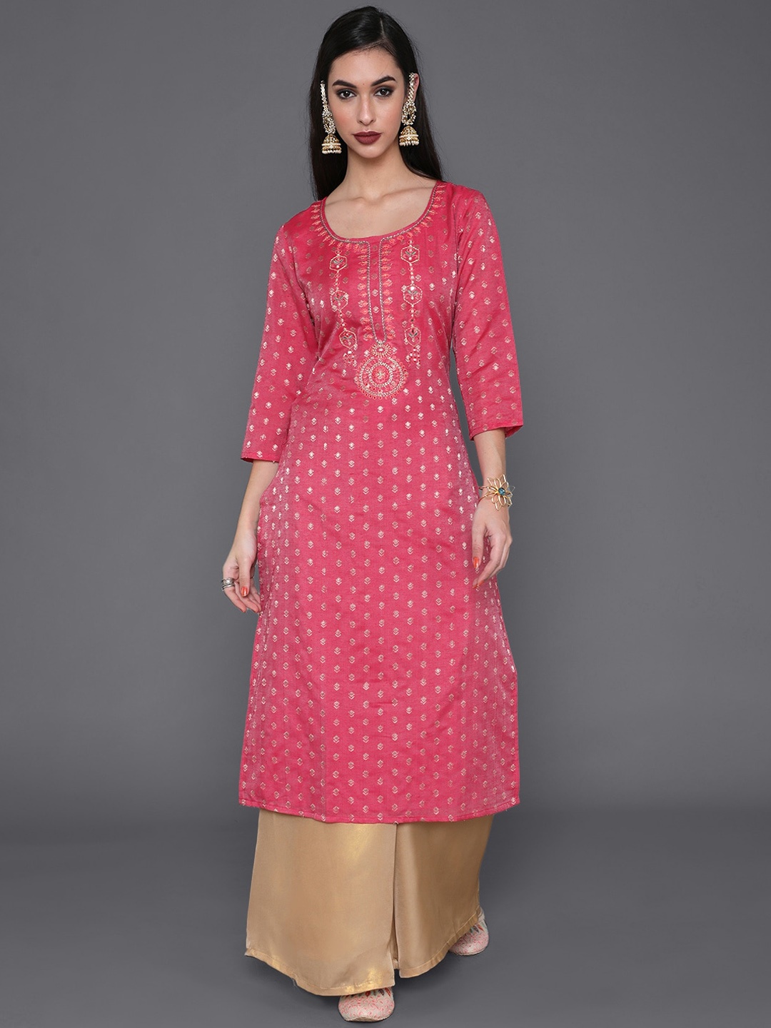 

AKS Couture Ethnic Motifs Woven Design Mirror Work Dobby Chanderi Silk Kurta, Pink