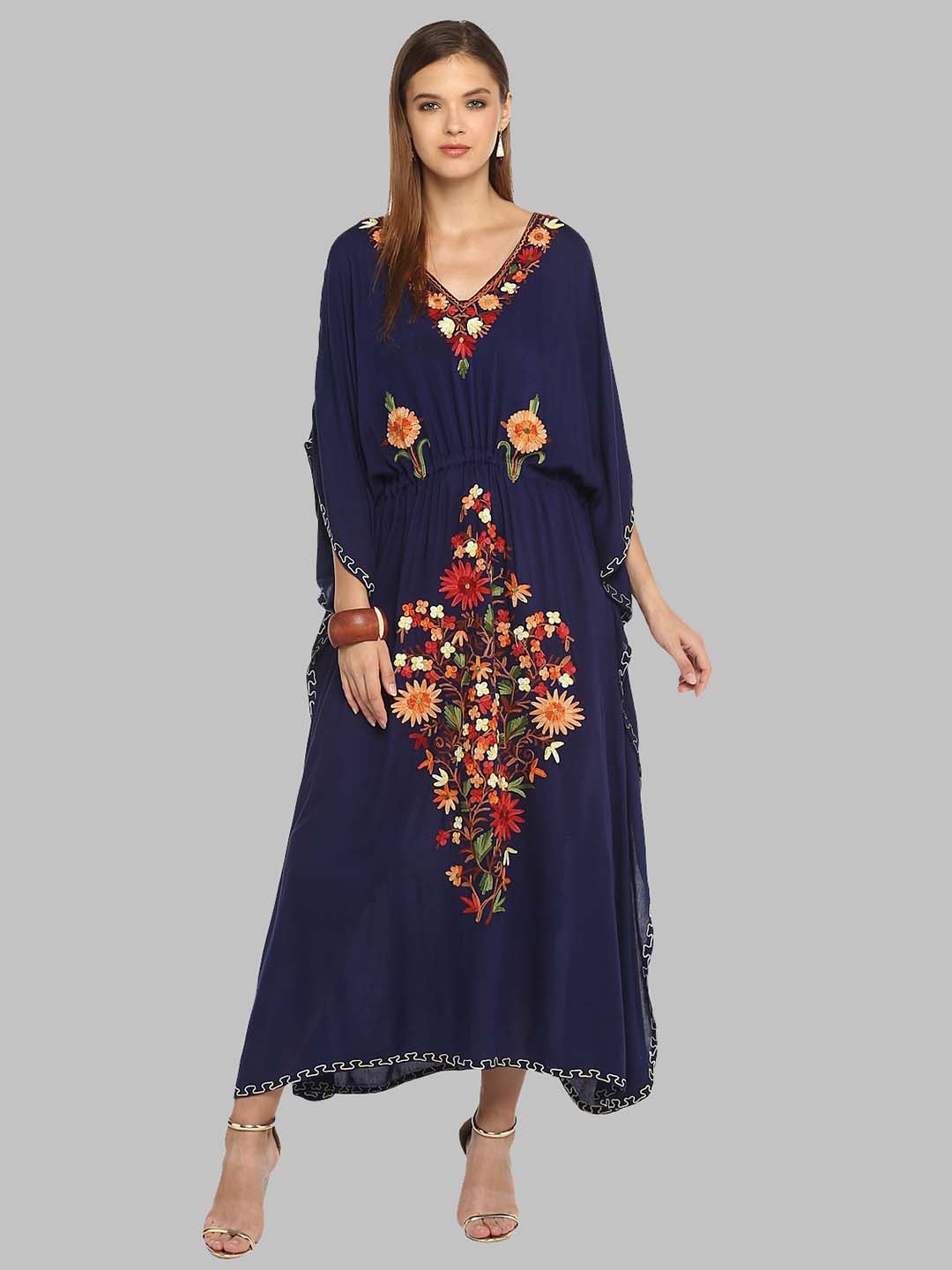 

CRAFTBAZAR Floral Embroidered Kimono Sleeve Kaftan Maxi Dress, Navy blue