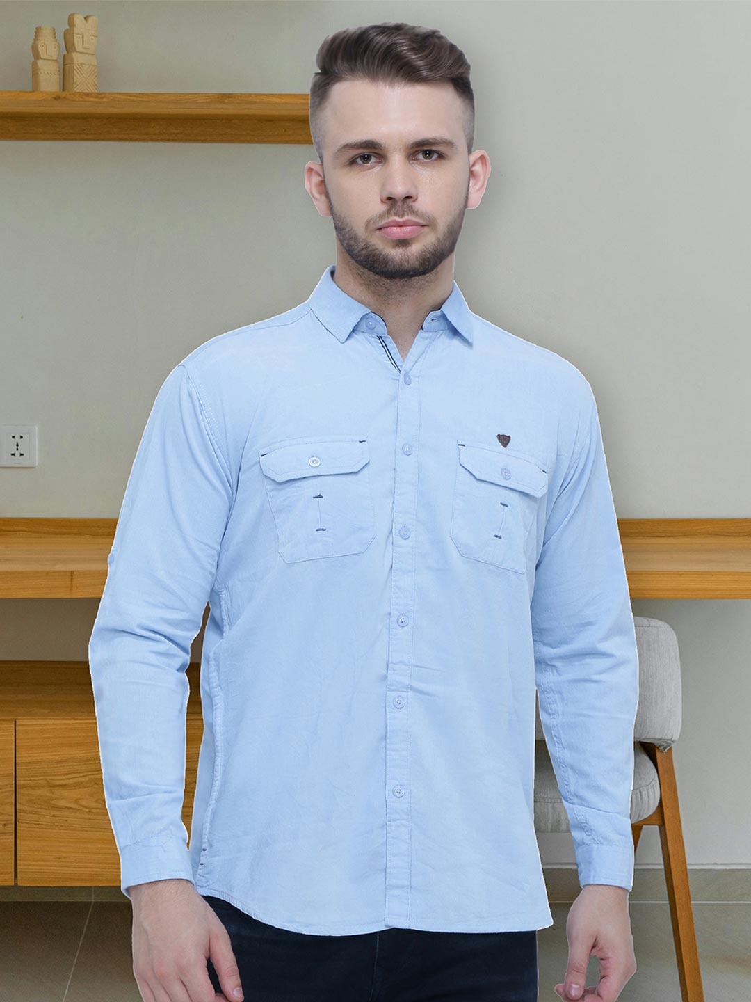 Kuons Avenue Smart Slim Fit Corduroy Casual Shirt, Blue