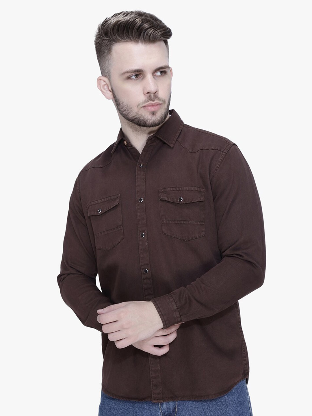 

Kuons Avenue Smart Slim Fit Denim Casual Shirt, Coffee brown