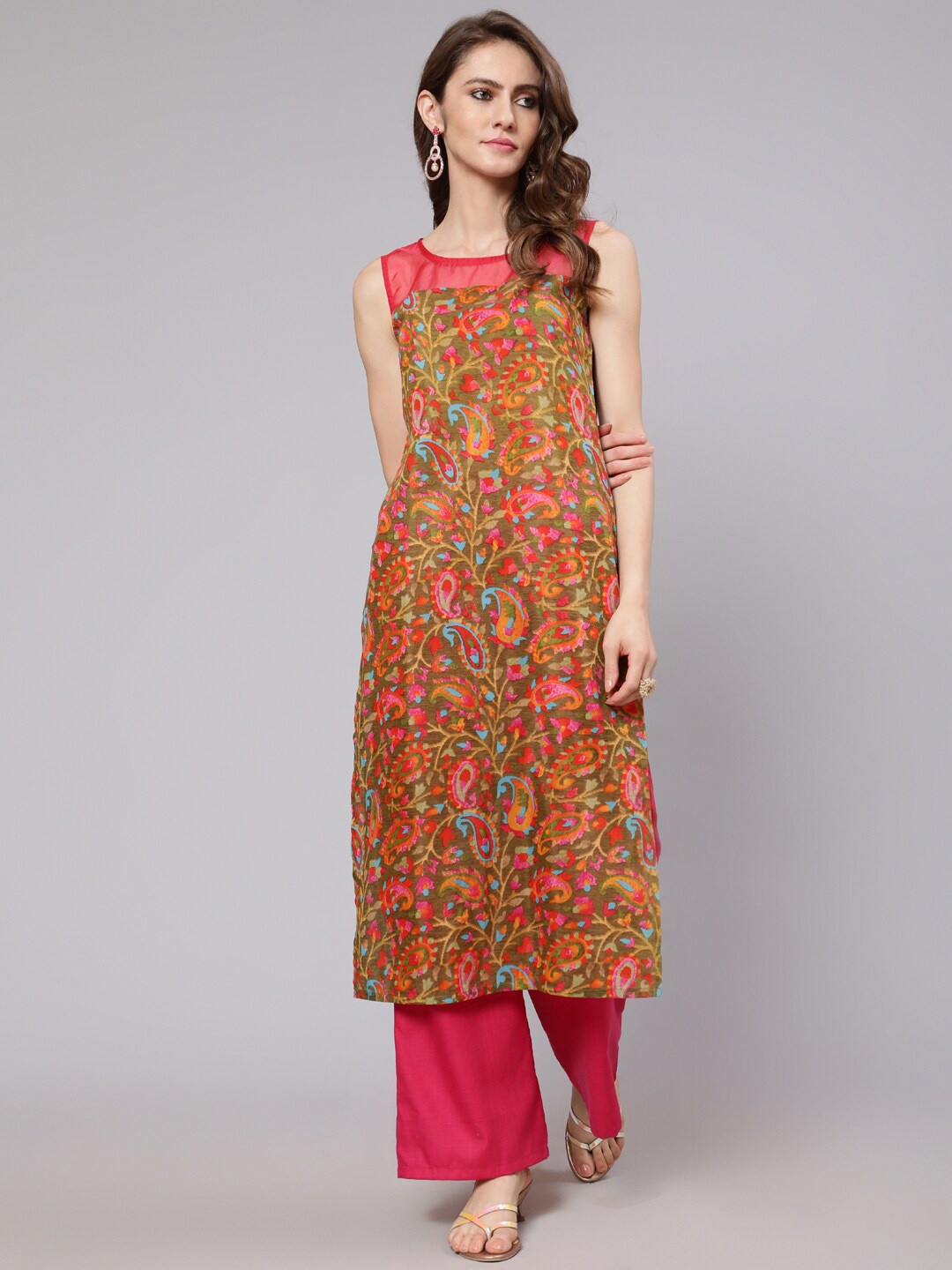 

AKS Paisley Printed Pure Cotton Straight Kurta, Olive