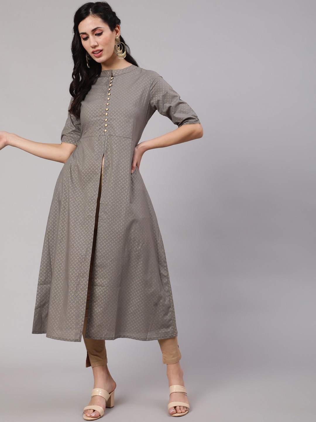 

AKS Ethnic Motifs Printed High Slit Fusion Kurta, Grey