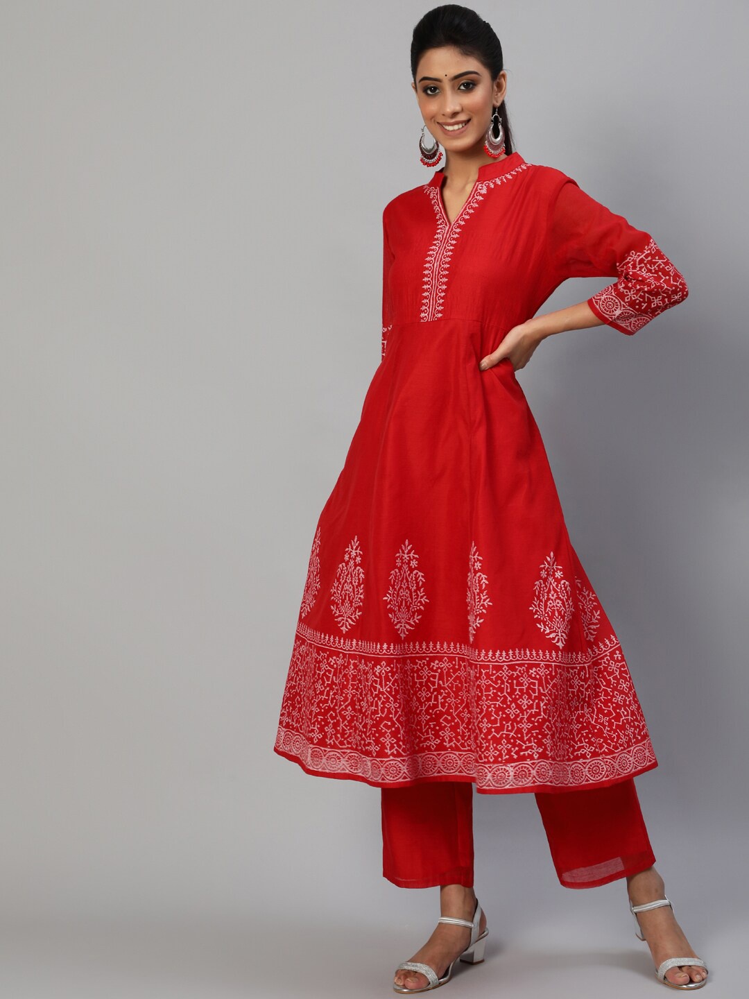 

AKS Ethnic Embroidered Mandarin Collar Chanderi Silk Anarkali Kurta, Red