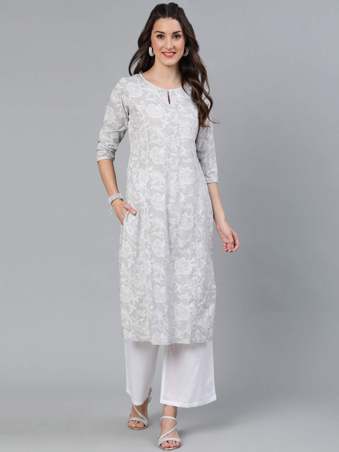 

AKS Floral Embroidered Keyhole Neck Cotton Straight Kurta, Grey
