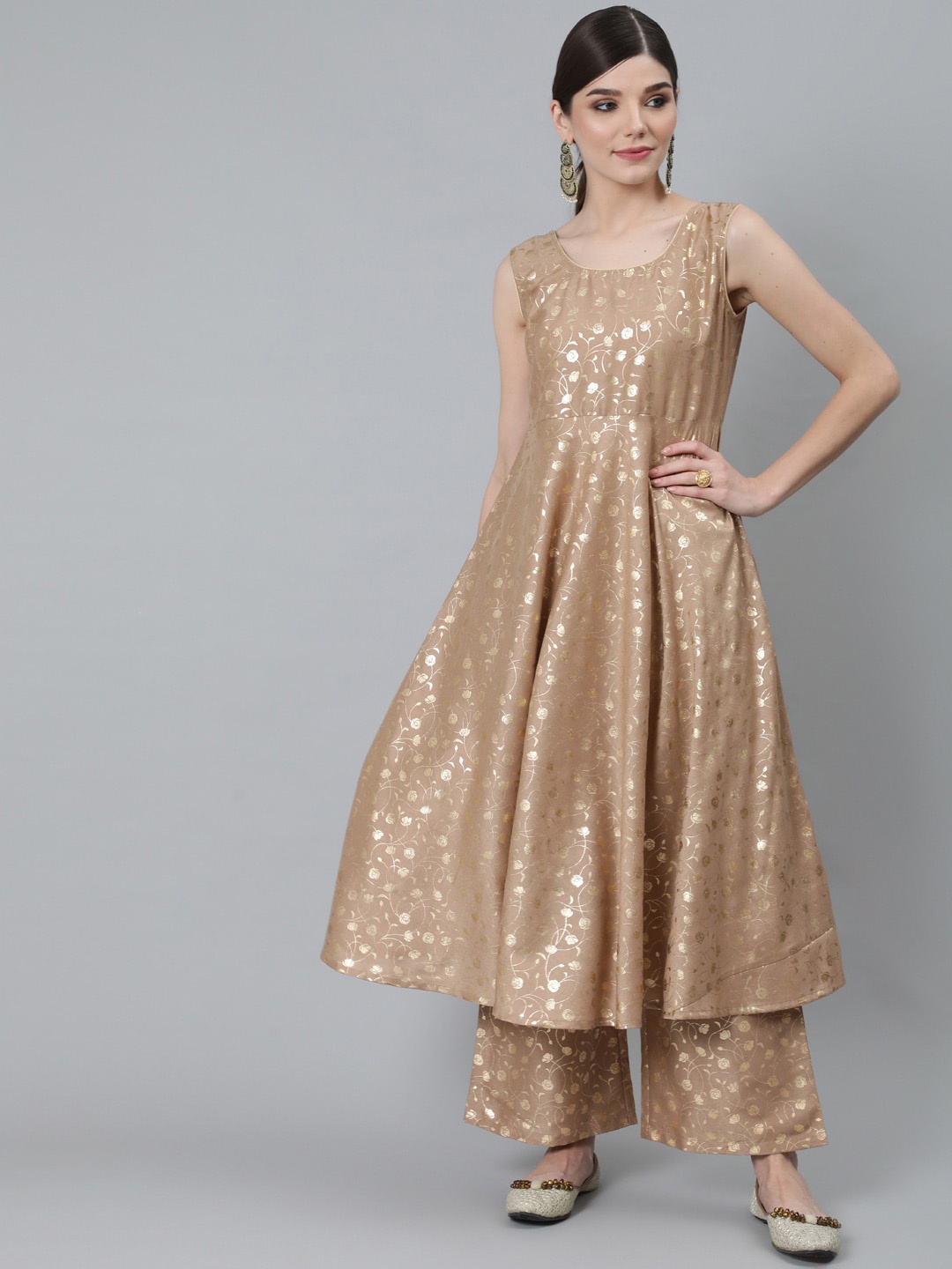

AKS Floral Printed Pleated Anarkali Kurta, Beige