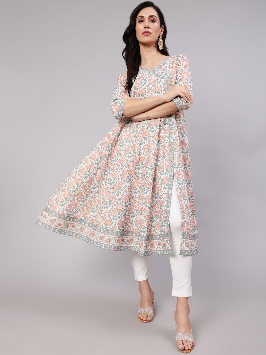 

AKS Floral Printed Cotton Anarkali Kurta, White