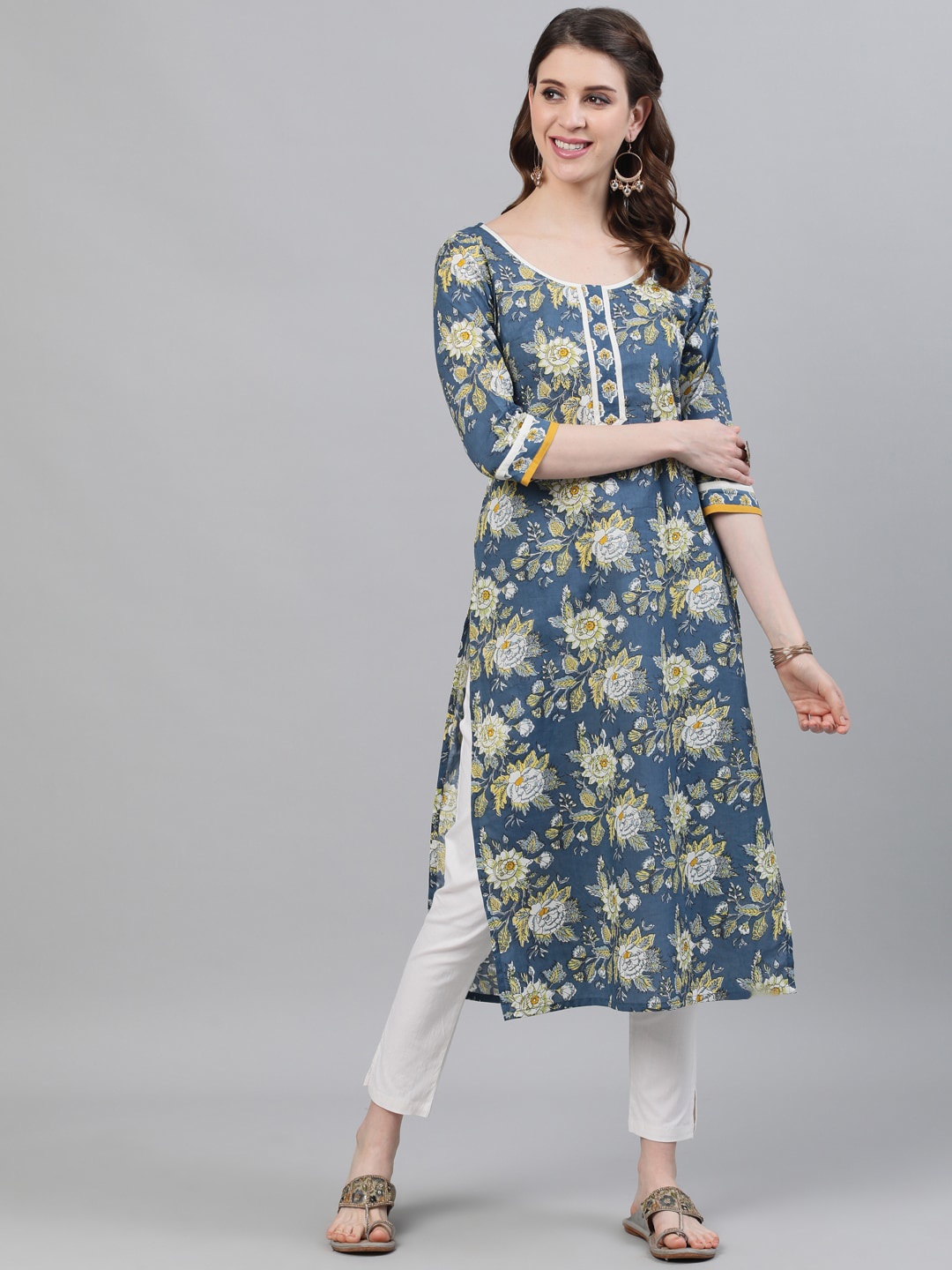 

AKS Floral Printed Scoop Neck Cotton Straight Kurta, Blue