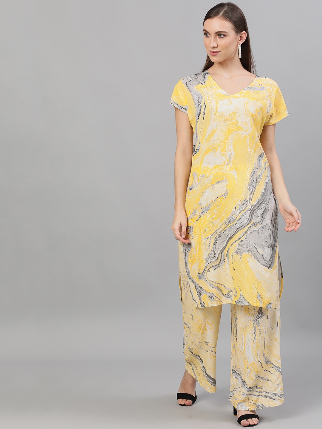 

AKS Abstract Printed V-Neck A-Line Kurta, Yellow