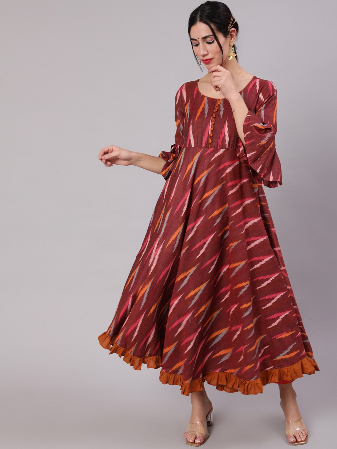 

AKS Ikat Printed Pleated Pure Cotton Anarkali Kurta, Maroon