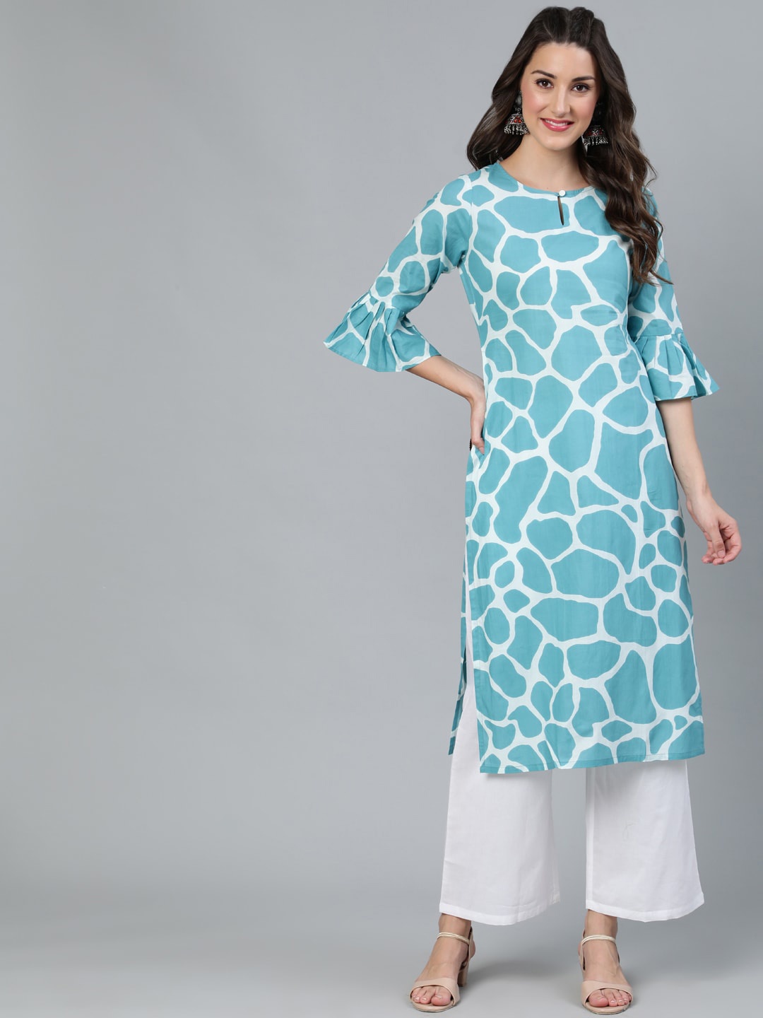 

AKS Abstract Printed Bell Sleeves Cotton Straight Kurta, Blue