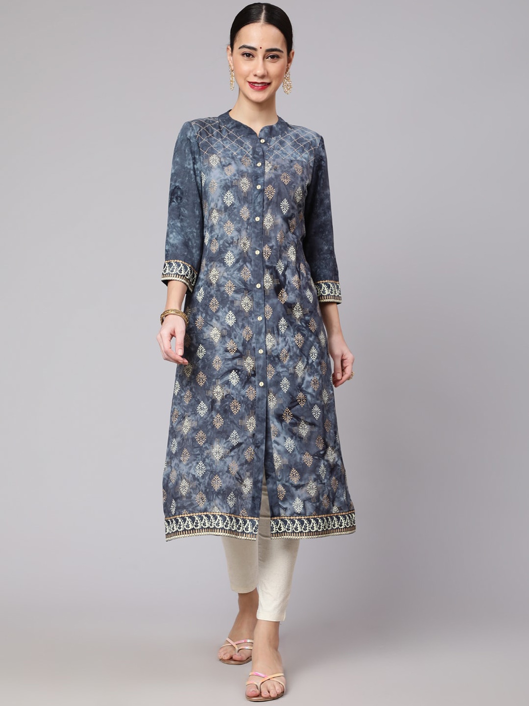 

AKS Ethnic Motifs Printed Mandarin Collar Straight Kurta, Grey
