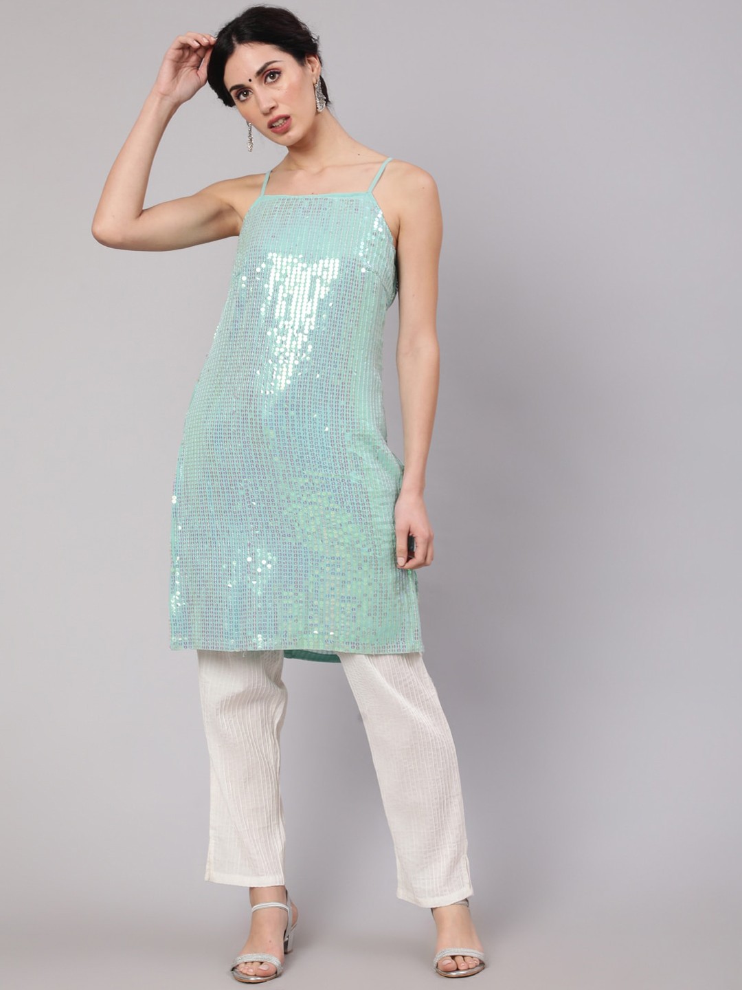 

AKS Geometric Embroidered Sequinned Georgette Straight Kurta, Sea green