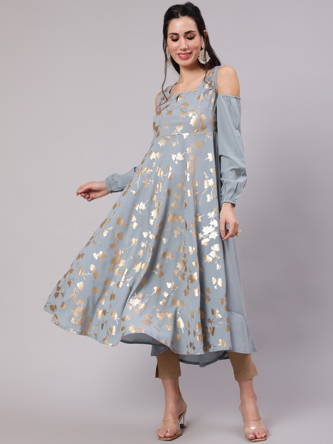 

AKS Floral Printed Cold Shoulder Sleeves Pure Georgette Anarkali Kurta, Grey