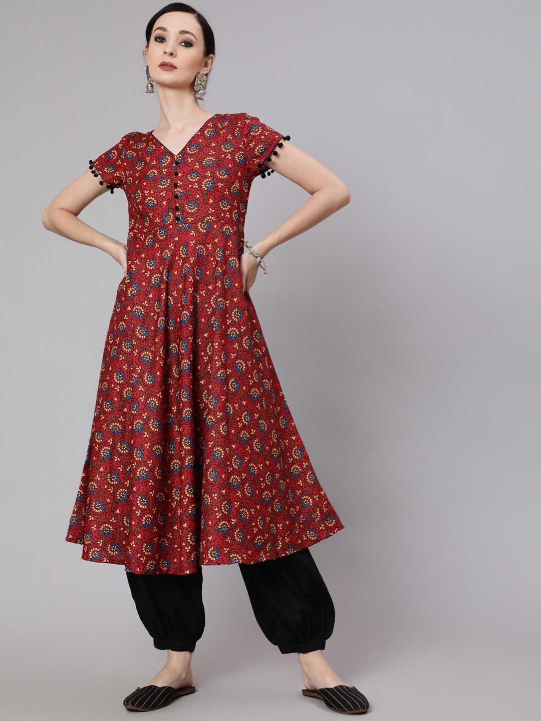 

AKS Floral Printed V-Neck Anarkali Kurta, Maroon