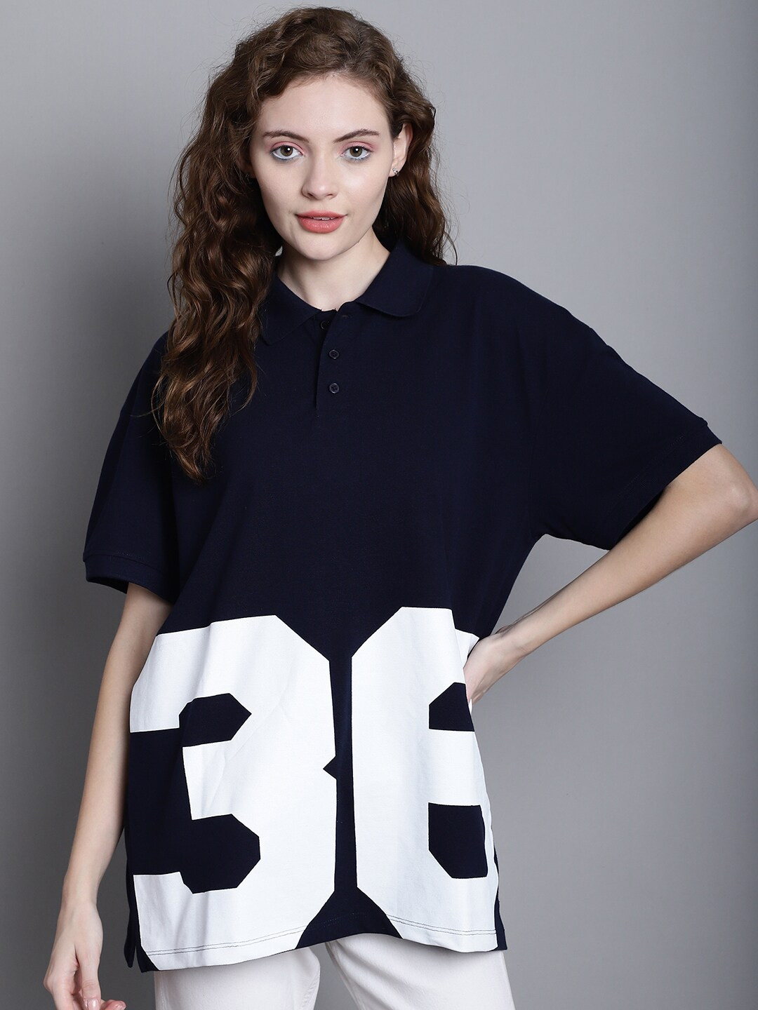 

DOOR74 Alphanumeric Printed Polo Collar Cotton T-shirt, Navy blue