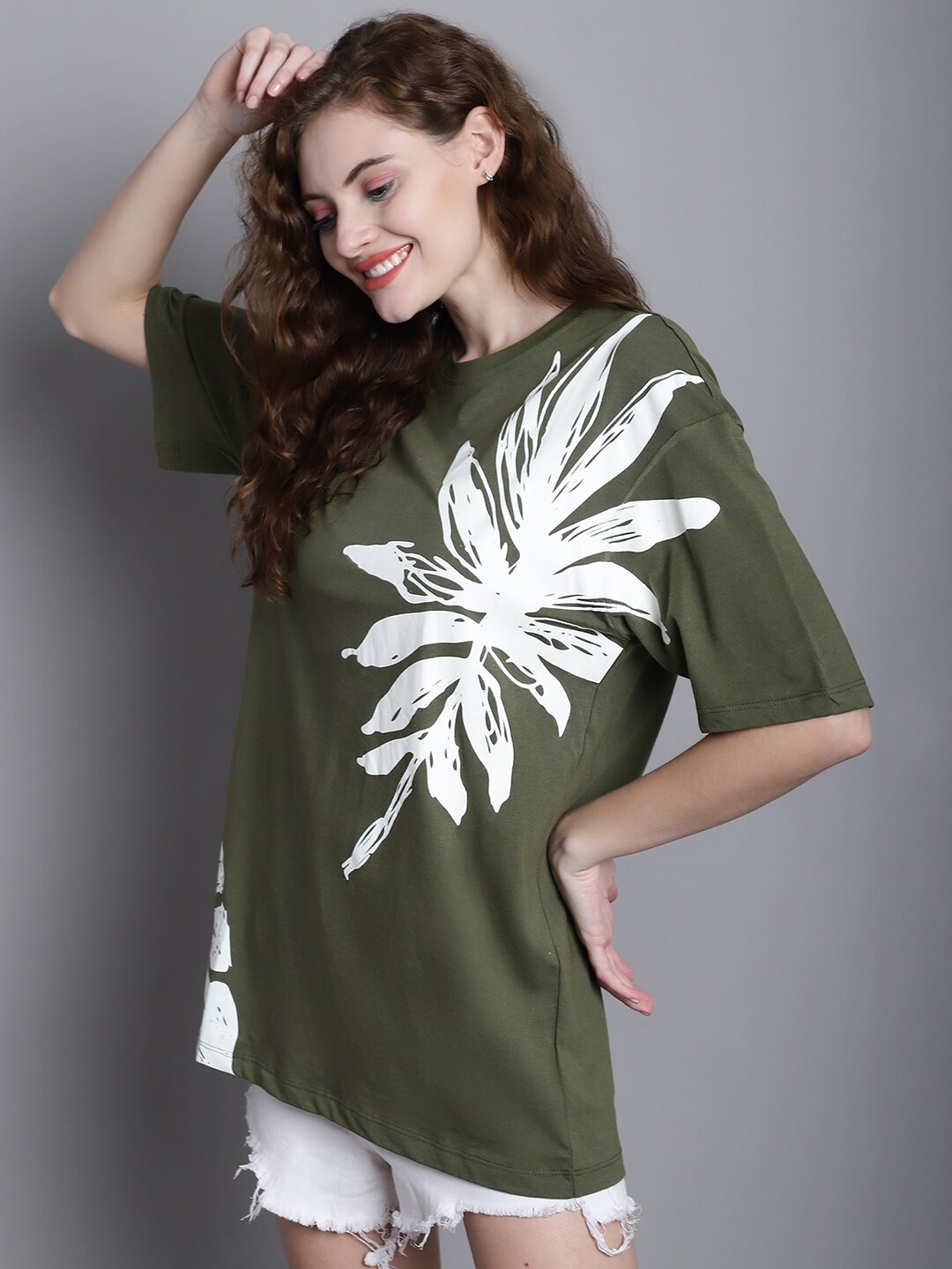 

DOOR74 Graphic Printed Drop-Shoulder Sleeves Cotton Oversize T-shirt, Olive