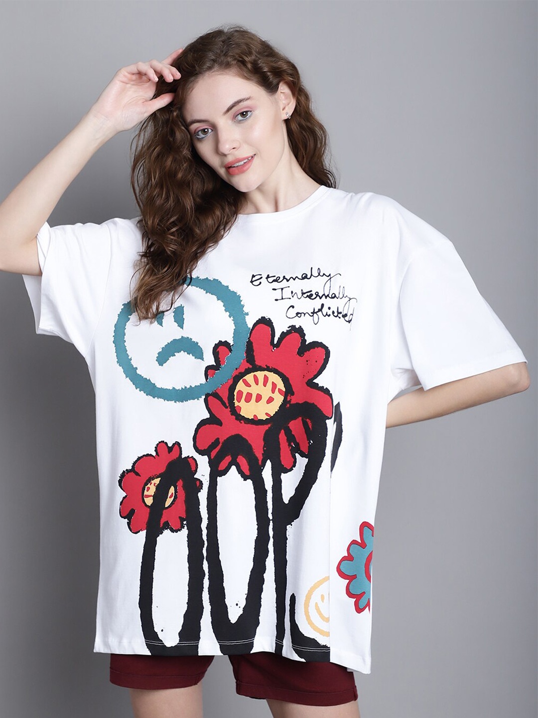 

DOOR74 Floral Printed Drop Shoulder Sleeves Cotton Oversize T-shirt, White