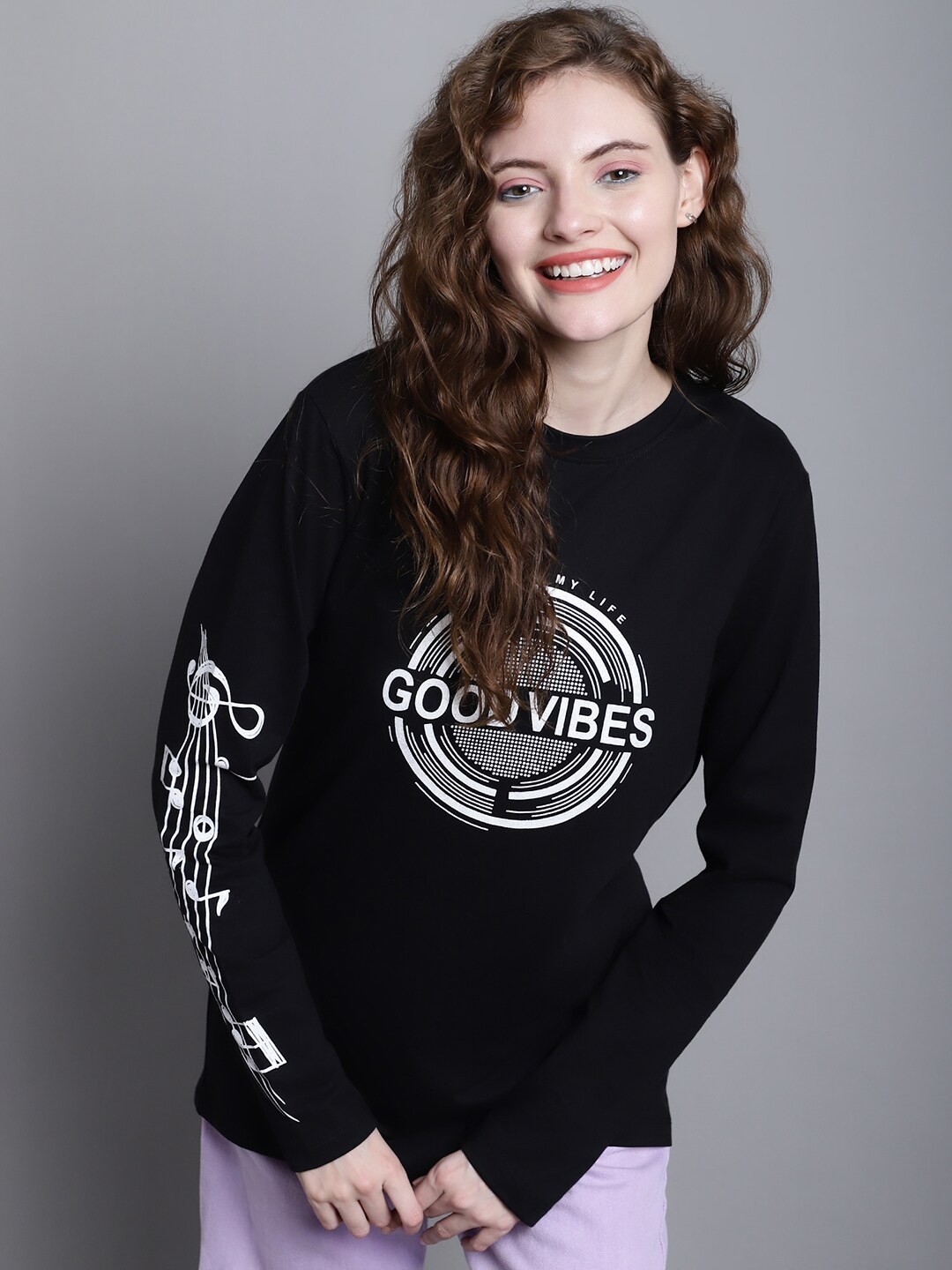 

DOOR74 Typography Printed Long Sleeves Cotton T-shirt, Black