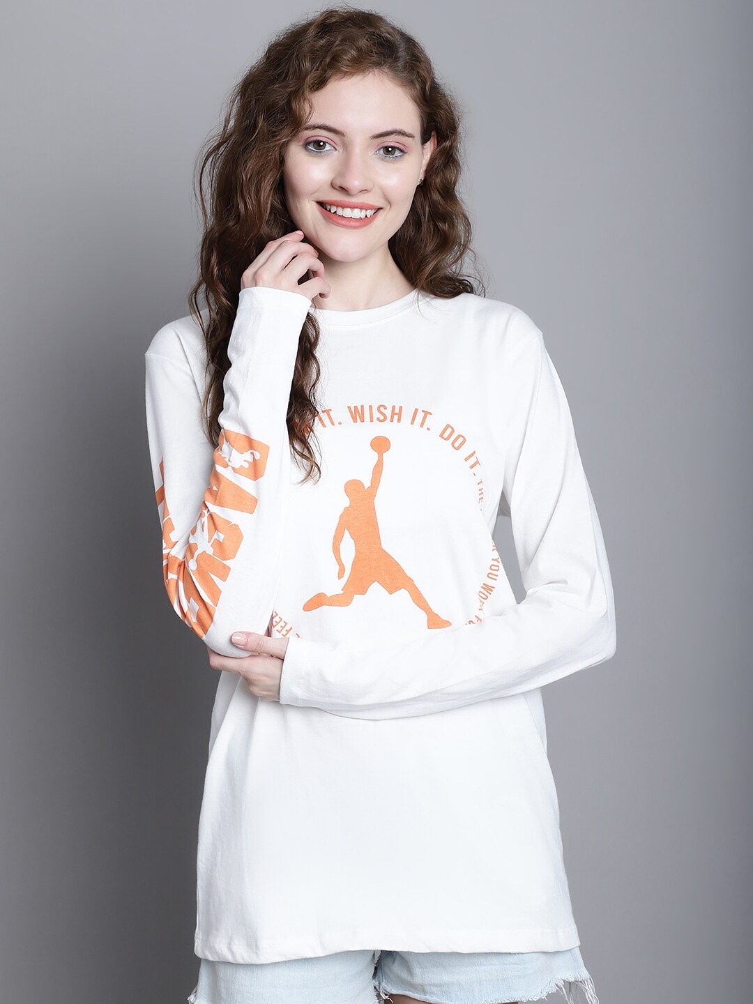 

DOOR74 Typography Printed Long Sleeves Cotton T-shirt, Off white
